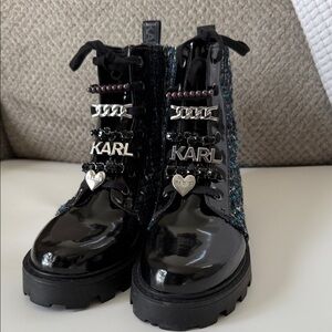Karl Lagerfeld Black and Blue Tweed Combat Boots